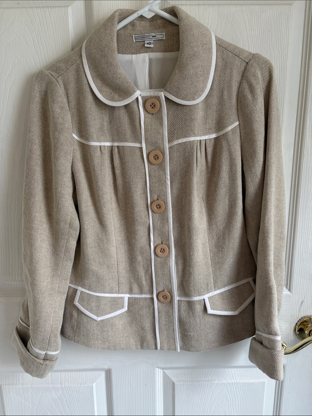Classic Beige Trim Mod Twee Jacket with White Piping - Women's Blazer